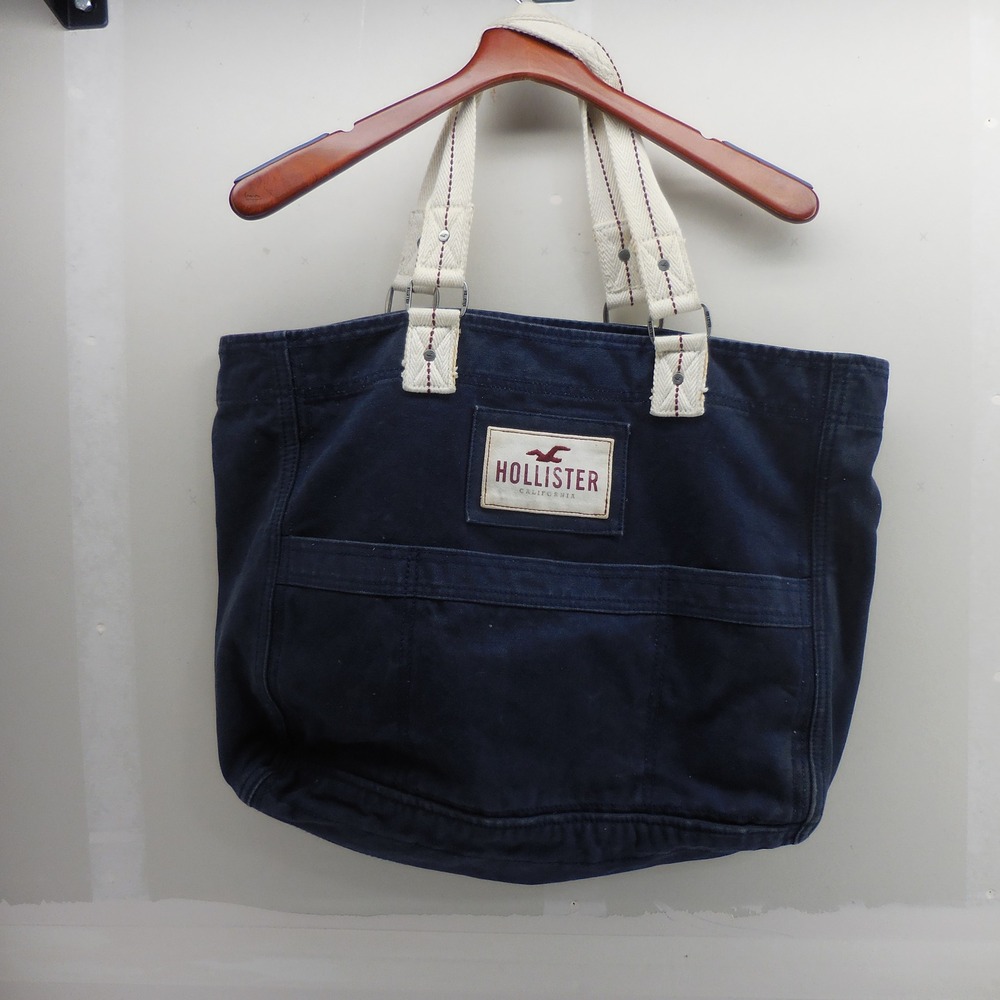 Hollister California Navy Blue Canvas Tote Bag Beach Gym Carryall Large